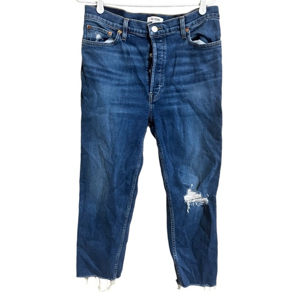 RE/DONE High Rise Button Fly Dark Wash Raw Hem Ankle Straight Leg Jeans Size 31 - Picture 1 of 4